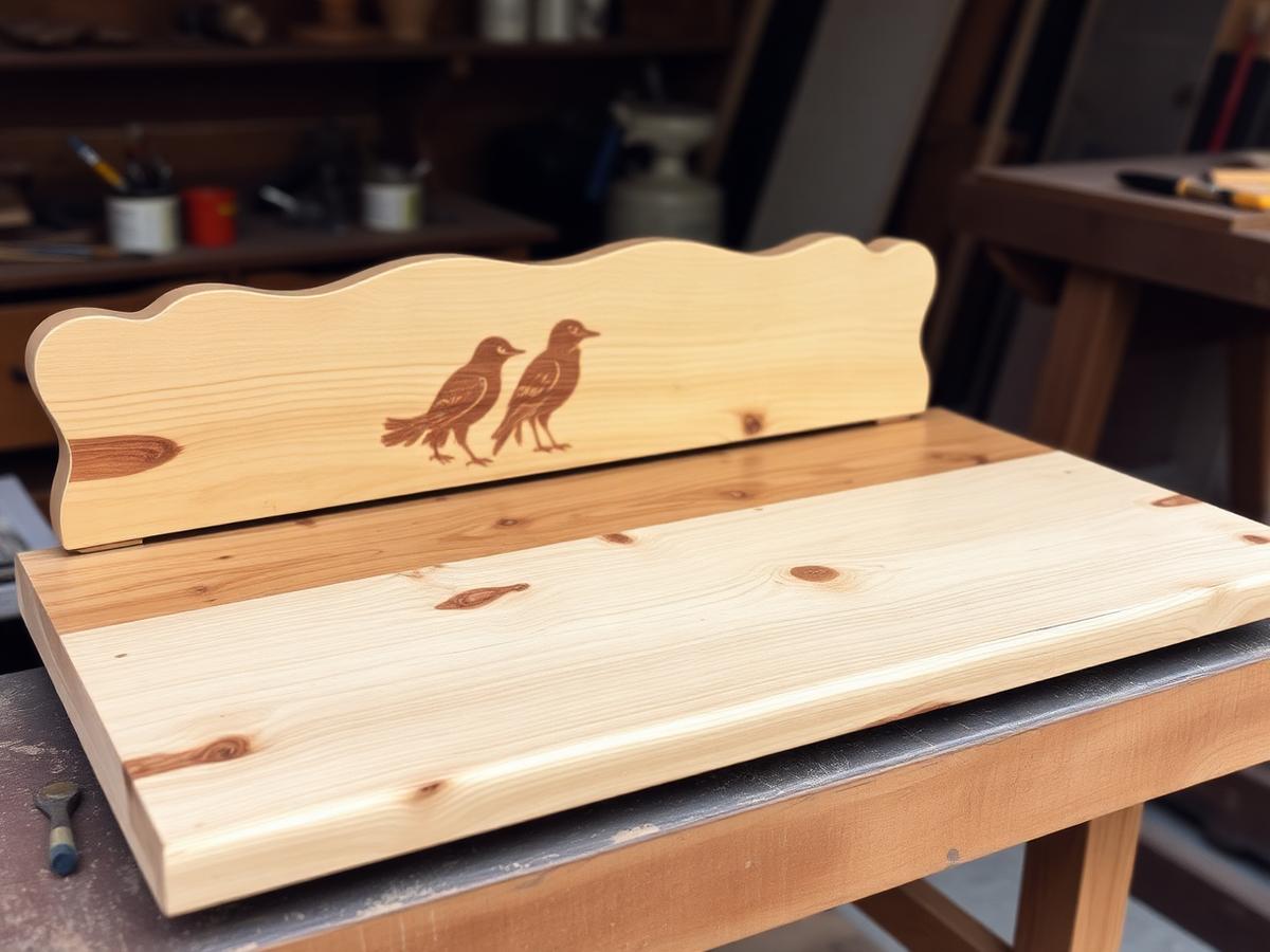Restored wooden piece with pyrography detail in a craftsman workshop
