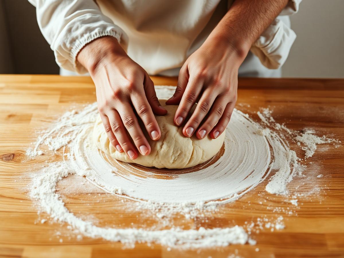 Hands kneading sourdough dough